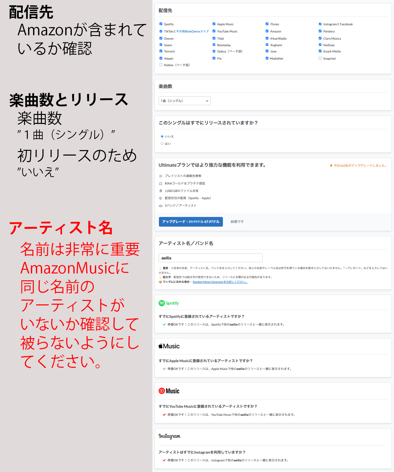 DistroKidのアップロード画面