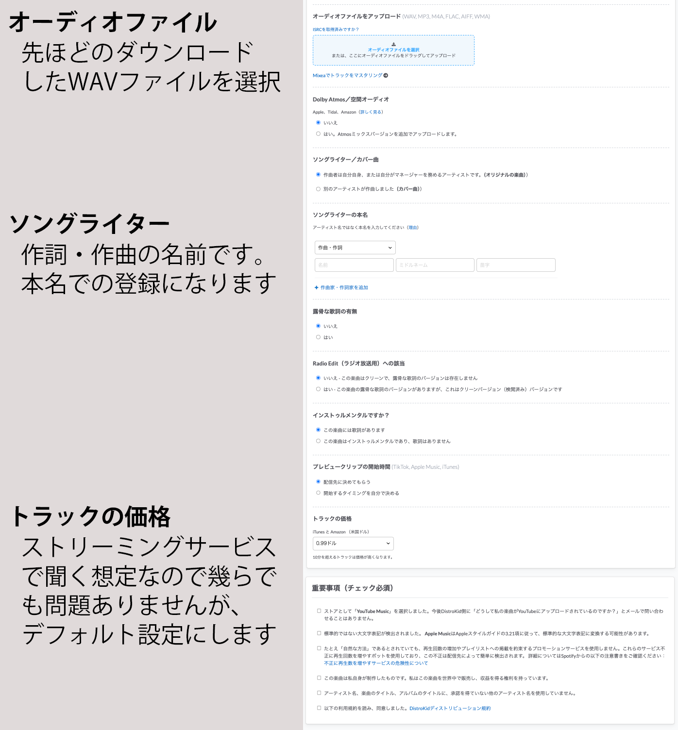 DistroKidのアップロード画面